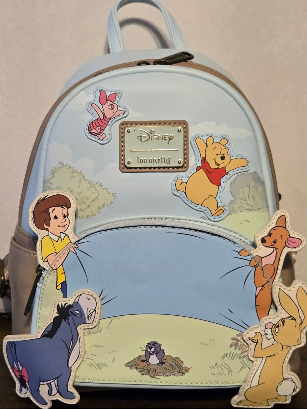 Loungefly Disney Light Blue Winnie the Pooh Mini Backpack with Character Patches